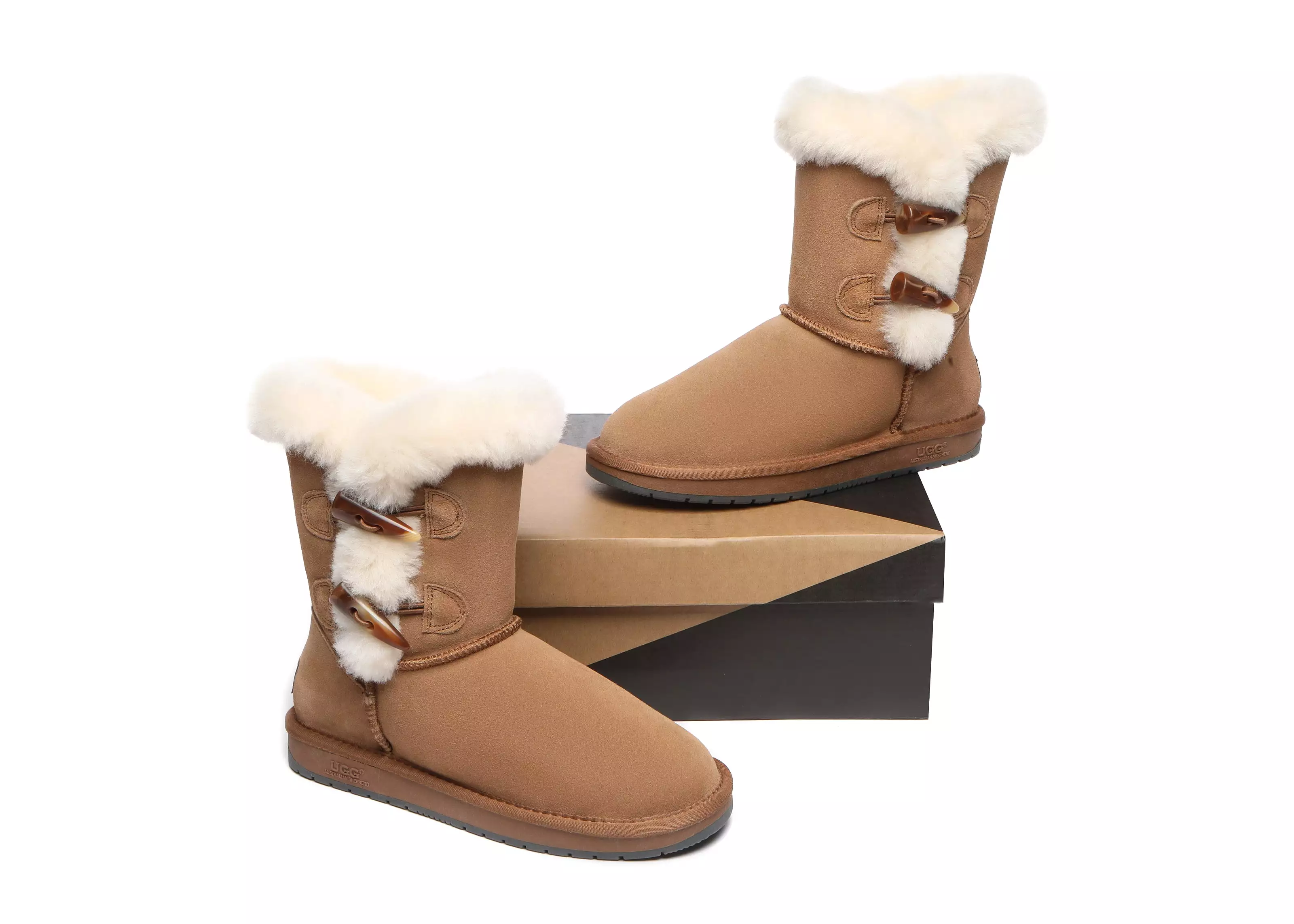 UGG Australian Shepherd Short Boots Talia, Twin Face Sheepskin, Double Horn Toggle Closure.