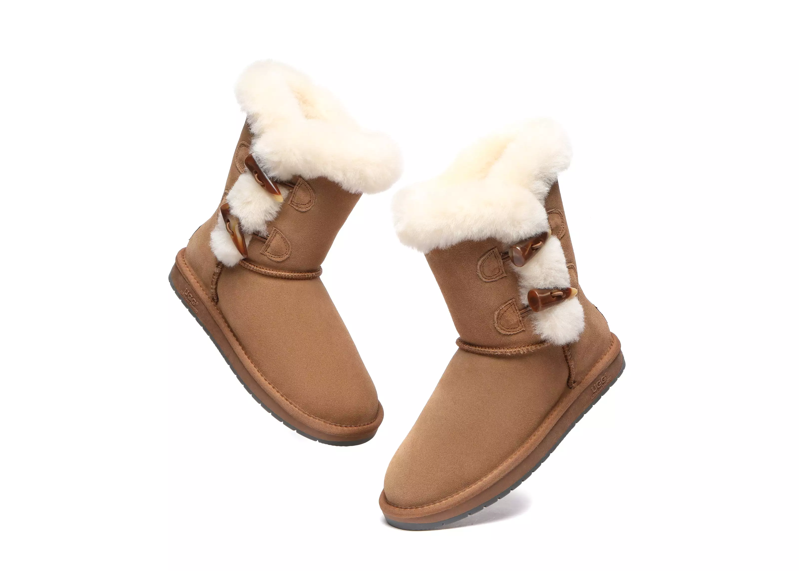 UGG Australian Shepherd Short Boots Talia, Twin Face Sheepskin, Double Horn Toggle Closure.