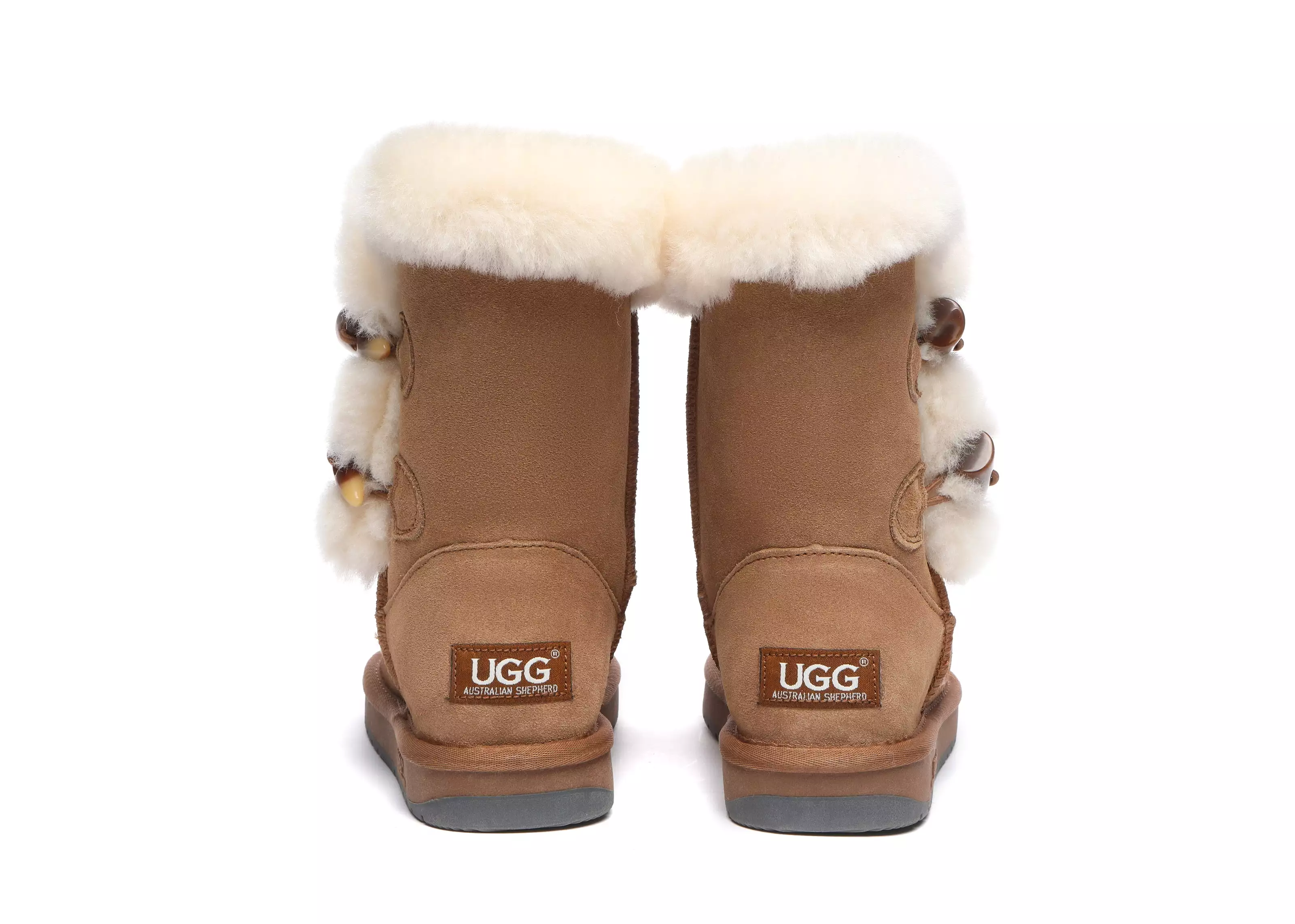 UGG Australian Shepherd Short Boots Talia, Twin Face Sheepskin, Double Horn Toggle Closure.