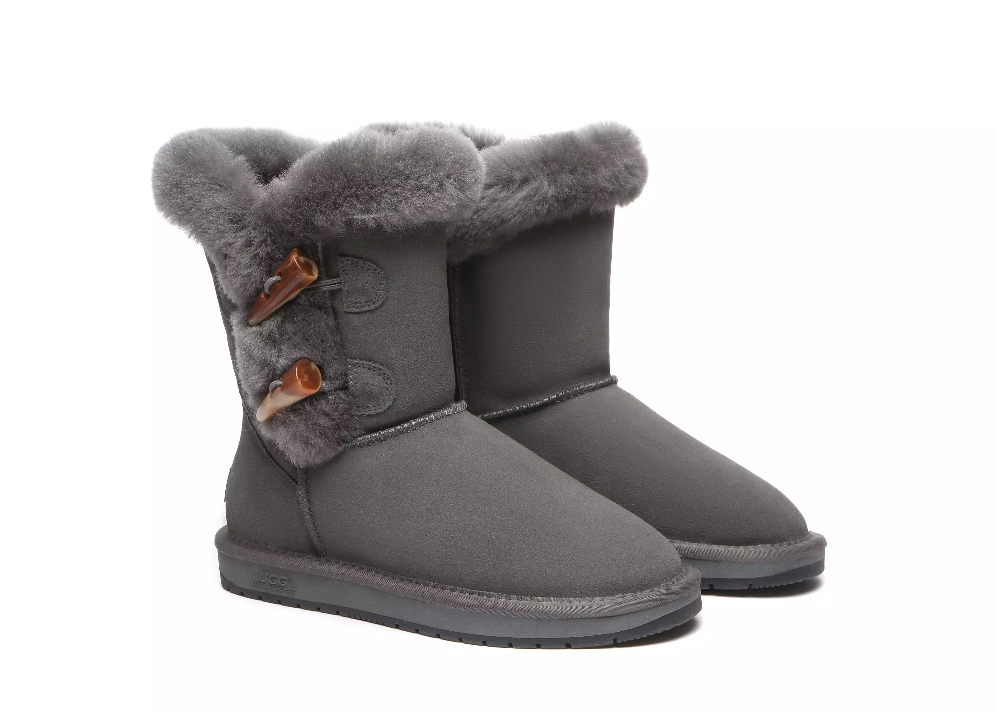 UGG Australian Shepherd Short Boots Talia, Twin Face Sheepskin, Double Horn Toggle Closure.