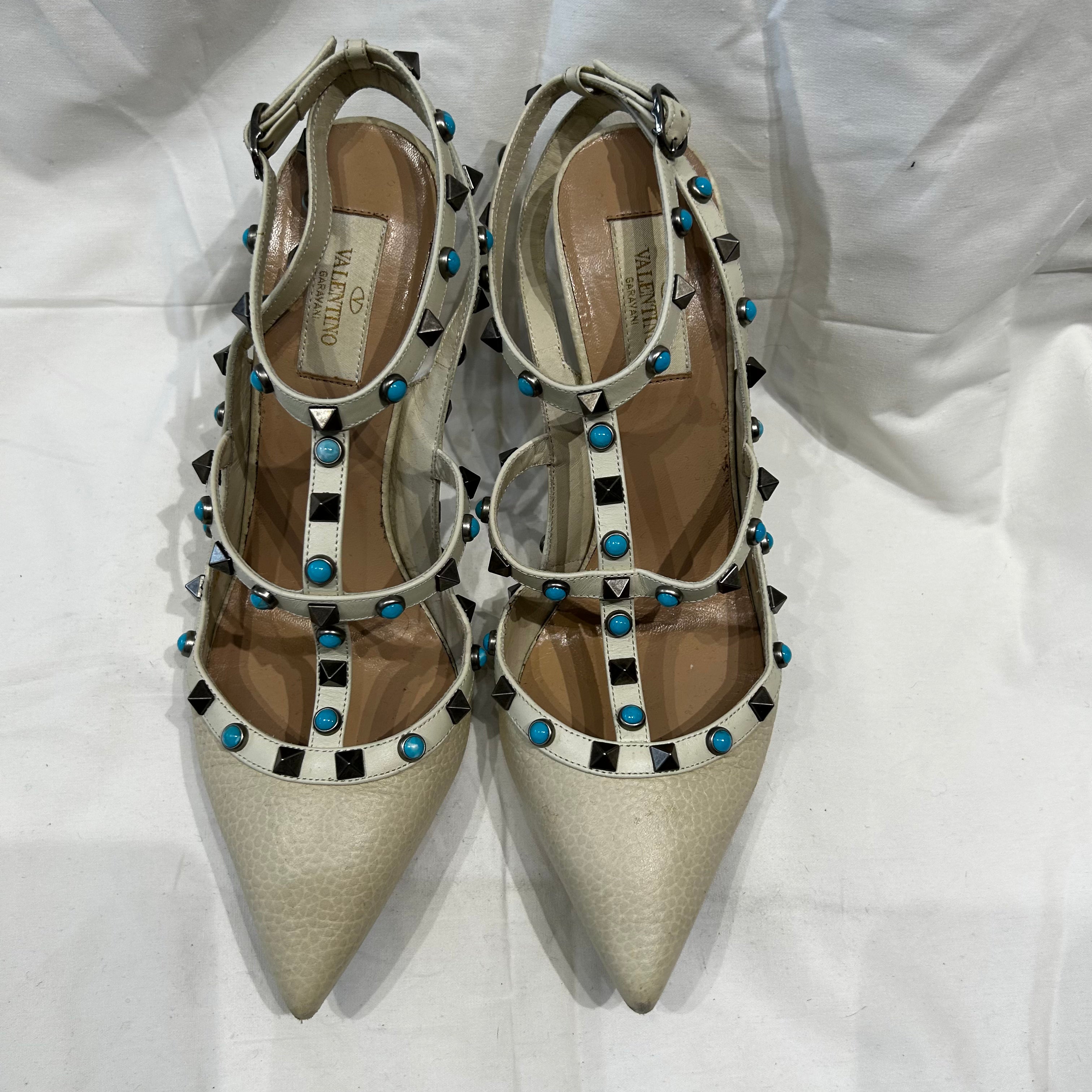 Valentino Cream Rolling Rockstud Turquoise Sandals 40