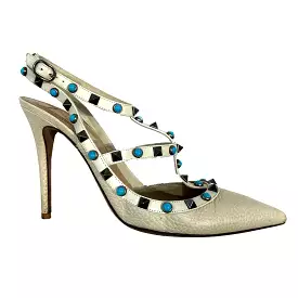 Valentino Cream Rolling Rockstud Turquoise Sandals 40