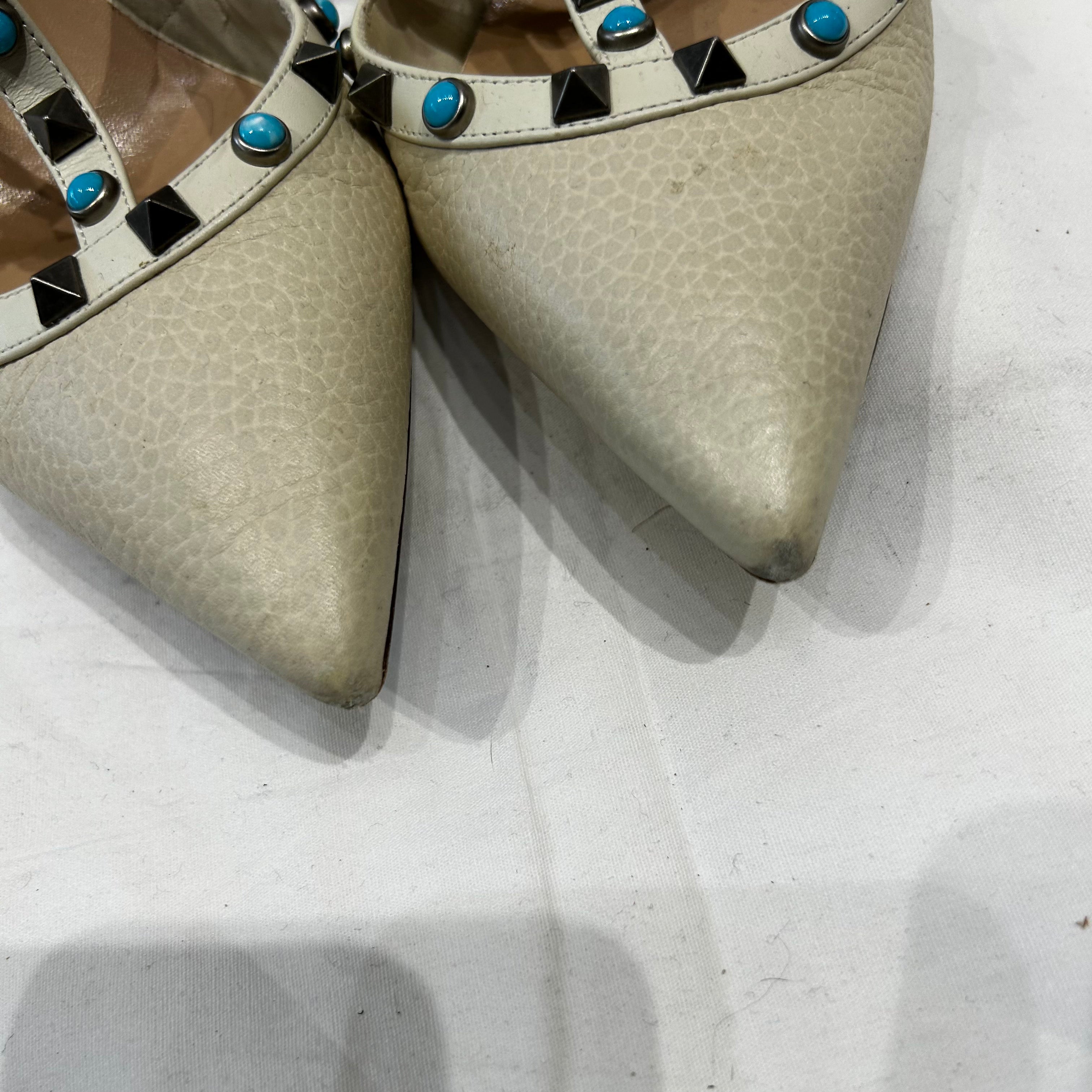 Valentino Cream Rolling Rockstud Turquoise Sandals 40