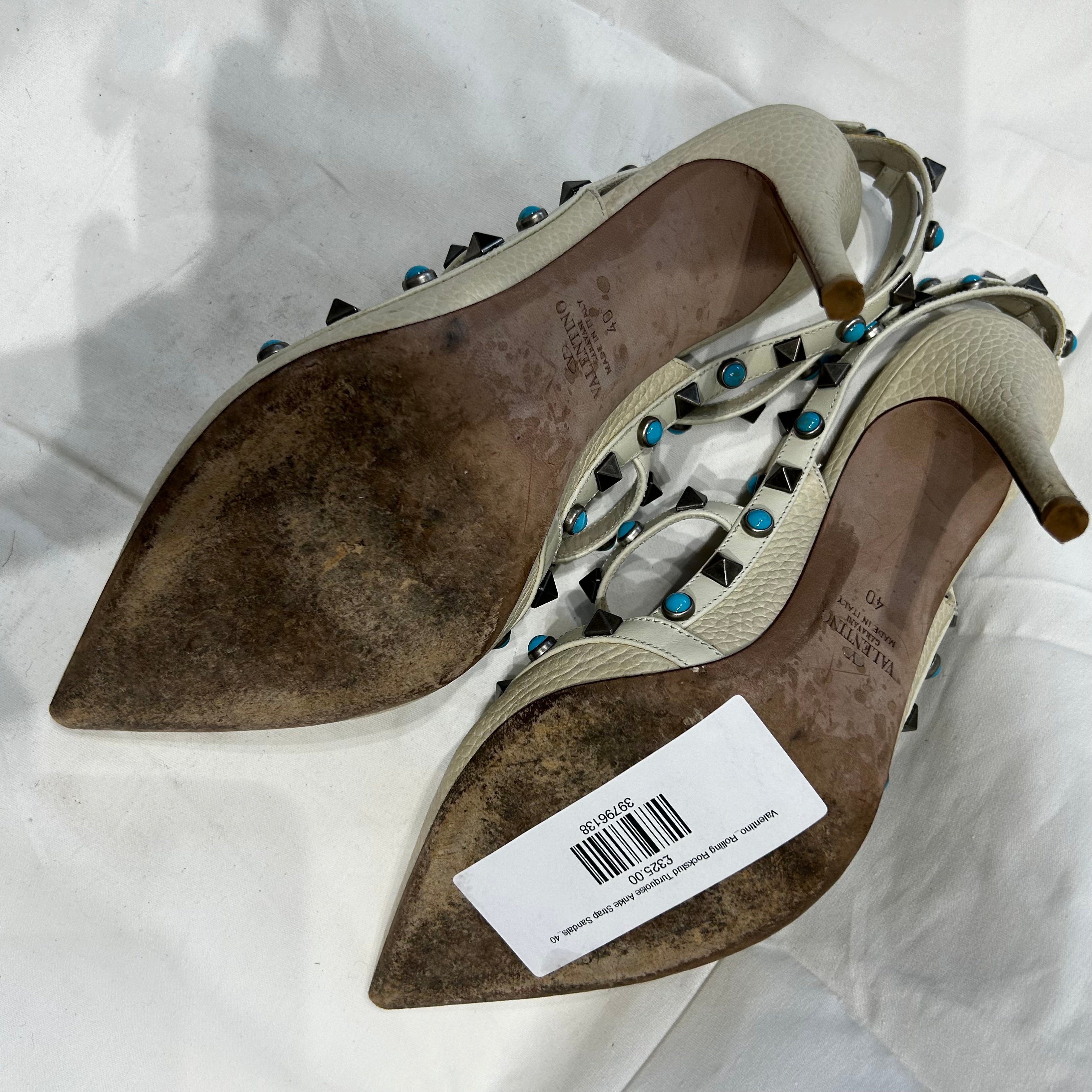 Valentino Cream Rolling Rockstud Turquoise Sandals 40