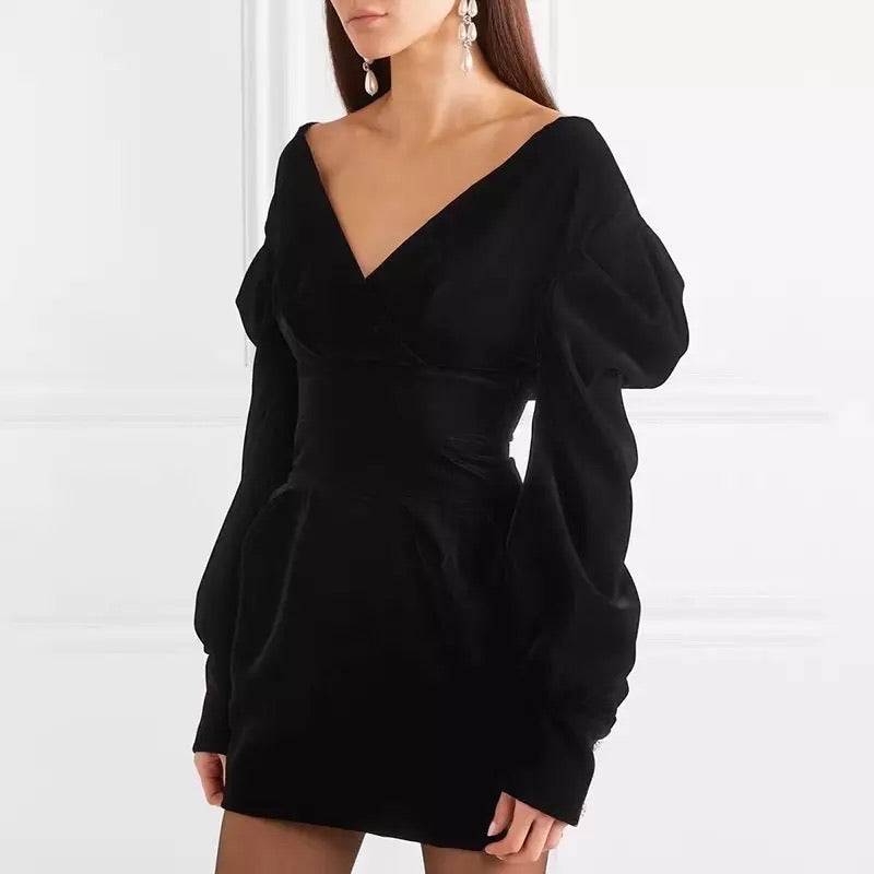 Velvet Puff Sleeve V Neck Crystal Button Mini Dress