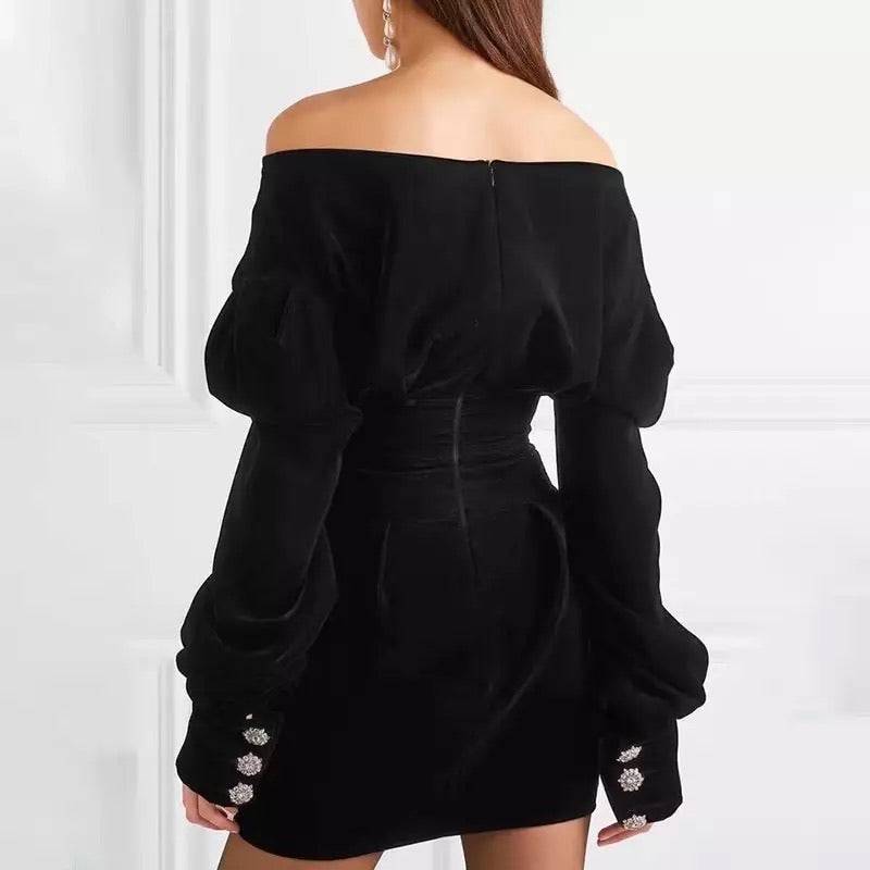 Velvet Puff Sleeve V Neck Crystal Button Mini Dress