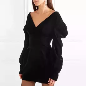 Velvet Puff Sleeve V Neck Crystal Button Mini Dress