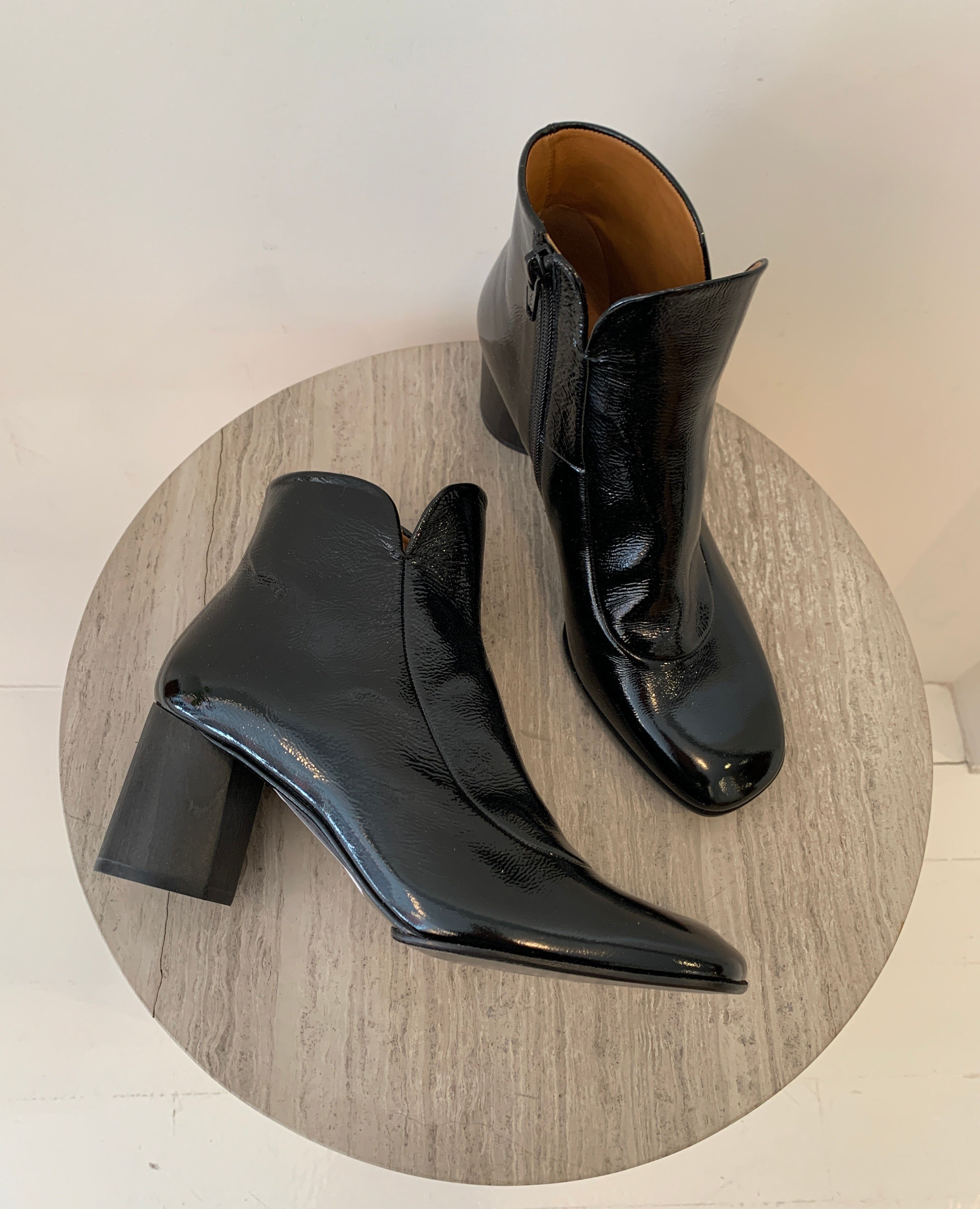 Warehouse Sale - Black Patent Palma Boots at discounted prices.