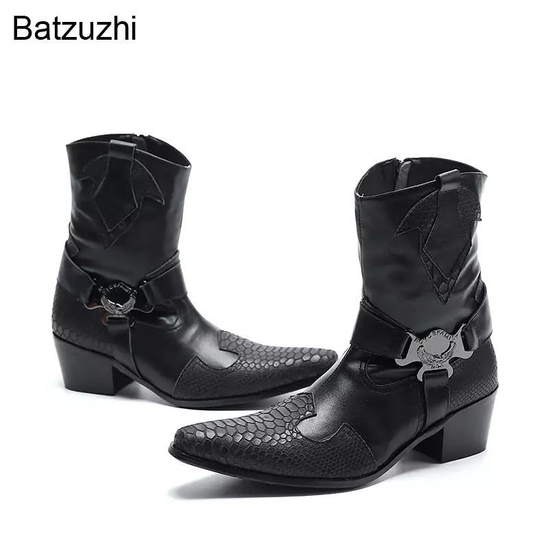 Western Cowboy Handmade Black Leather Boots with Mid-calf Zipper | Men's Leather Boots with 6.5cm Heels and Pointed Toe