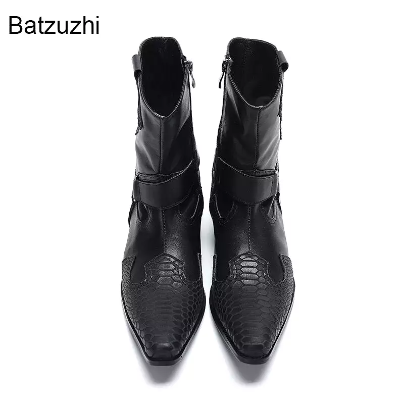 Western Cowboy Handmade Black Leather Boots with Mid-calf Zipper | Men's Leather Boots with 6.5cm Heels and Pointed Toe