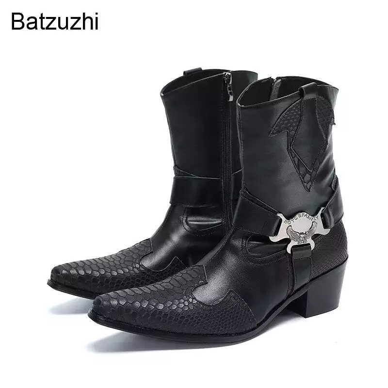 Western Cowboy Handmade Black Leather Boots with Mid-calf Zipper | Men's Leather Boots with 6.5cm Heels and Pointed Toe