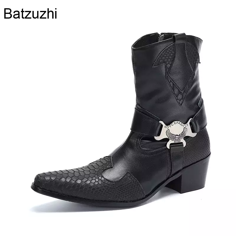 Western Cowboy Handmade Black Leather Boots with Mid-calf Zipper | Men's Leather Boots with 6.5cm Heels and Pointed Toe