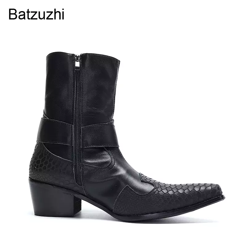 Western Cowboy Handmade Black Leather Boots with Mid-calf Zipper | Men's Leather Boots with 6.5cm Heels and Pointed Toe