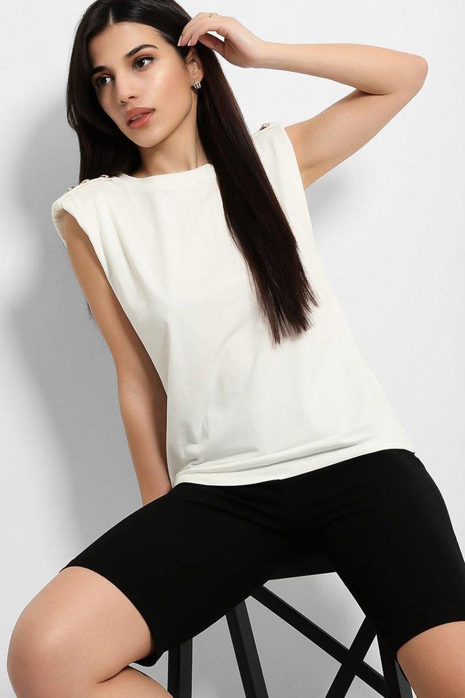 White Black Buttoned Power Shoulder Top And Cycling Shorts Set - SEO result: White Black Button Top And Cycling Shorts Set