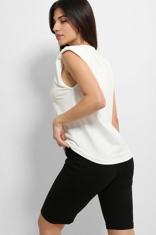 White Black Buttoned Power Shoulder Top And Cycling Shorts Set - SEO result: White Black Button Top And Cycling Shorts Set