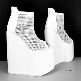 White Fishnet Wedge Boots.