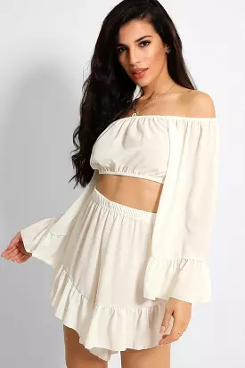 White Frill Trim Crop Top Shorts Set