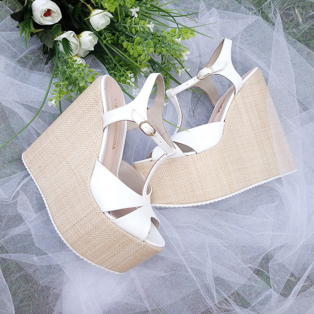 White high heel wedge sandals with ankle strap