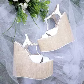 White high heel wedge sandals with ankle strap