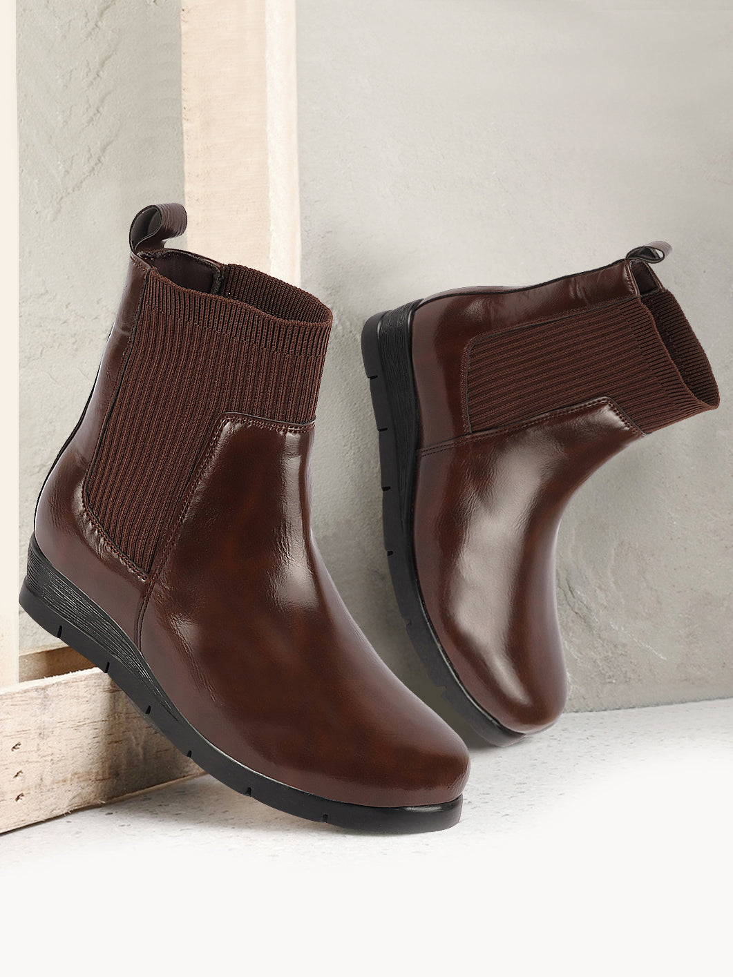 Women Brown Mid Top Socks Collar Wide Feet Slip On Wedge Heel Chelsea Boots