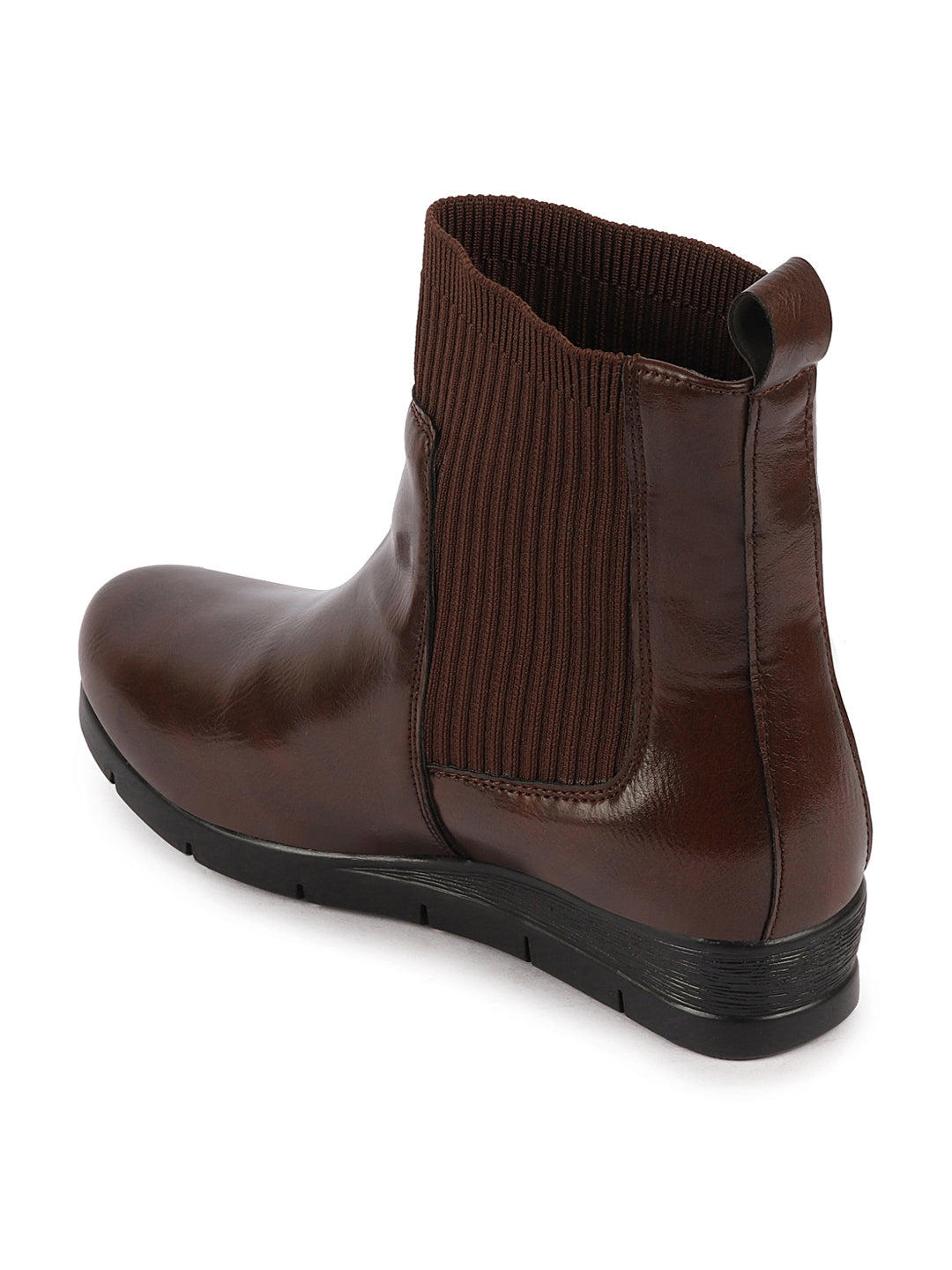 Women Brown Mid Top Socks Collar Wide Feet Slip On Wedge Heel Chelsea Boots