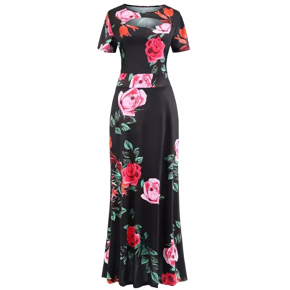 Women Floral Print Maxi Dress Summer Elegant Short Sleeve O-neck High Waist Elastic Boho Robe