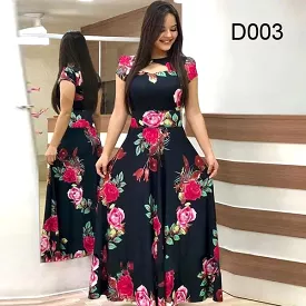 Women Floral Print Maxi Dress Summer Elegant Short Sleeve O-neck High Waist Elastic Boho Robe