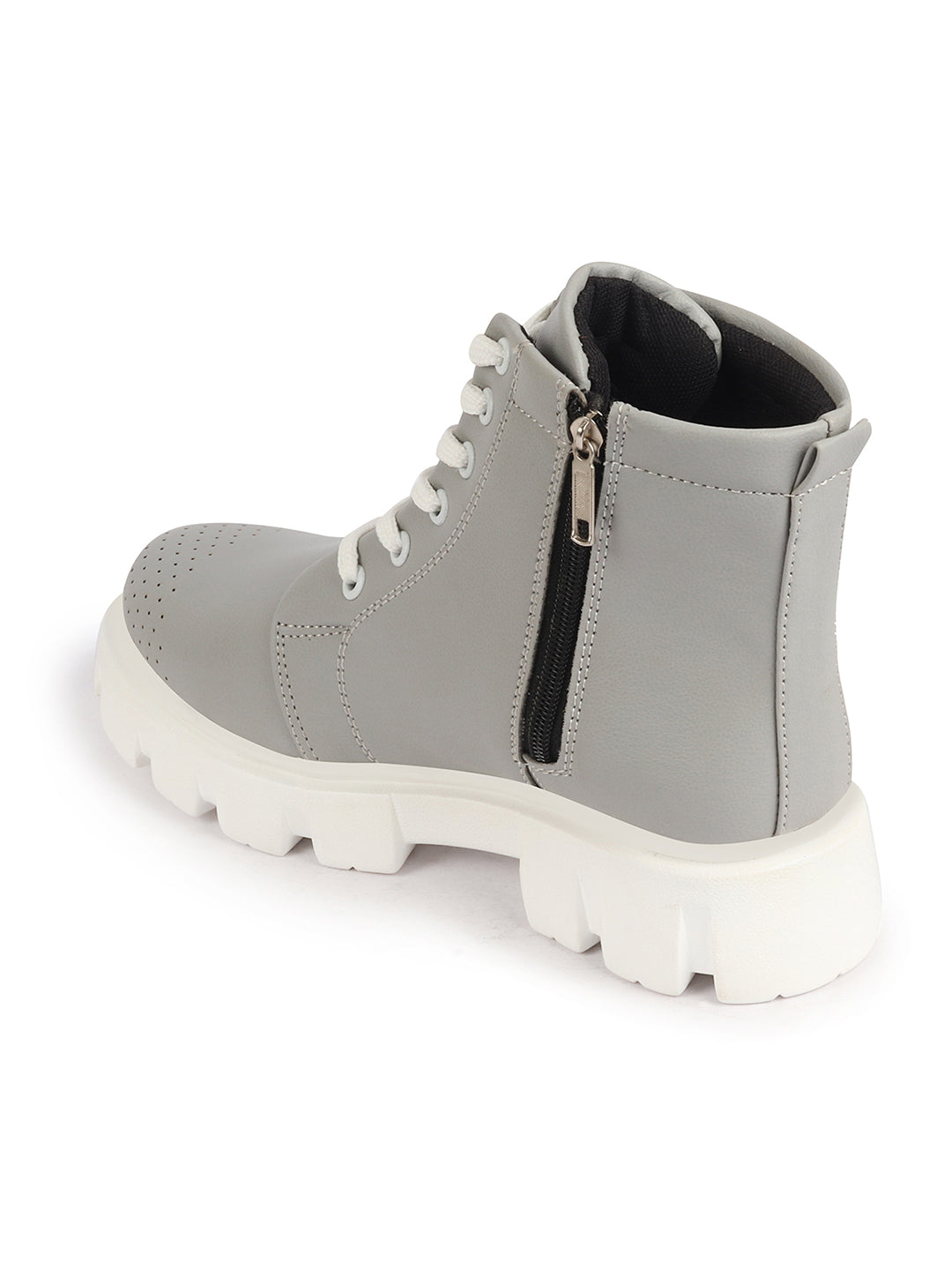 Women Gray Outdoor Winter High Top Chunky Lace Up Casual Boots