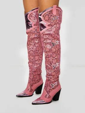 Snake Pattern Over The Knee Women's Western Boots with Chunky Heel