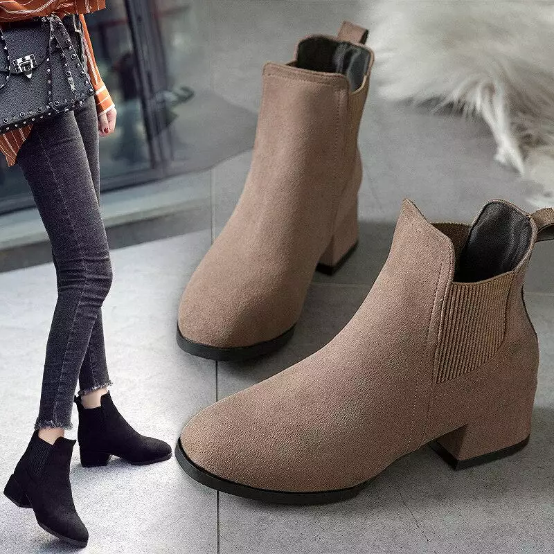 Women's Camel Black Ankle Boots for Autumn and Winter - Slip-On Ladies Shoes, Thick Heel - Bota Feminina