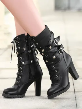 Zippered PU Leather Mid Calf Boots with Round Toe and Chunky Heel for Women